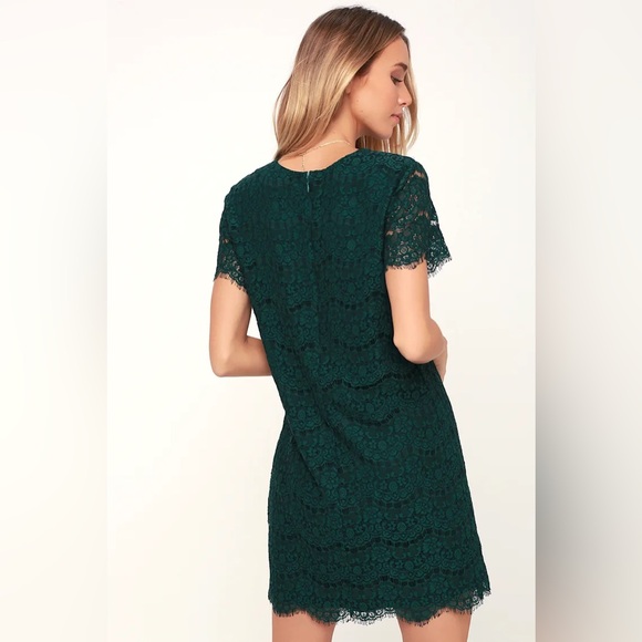 Lulu’s Take Me to Brunch Dark Green Lace Shift Dress - Picture 3 of 9